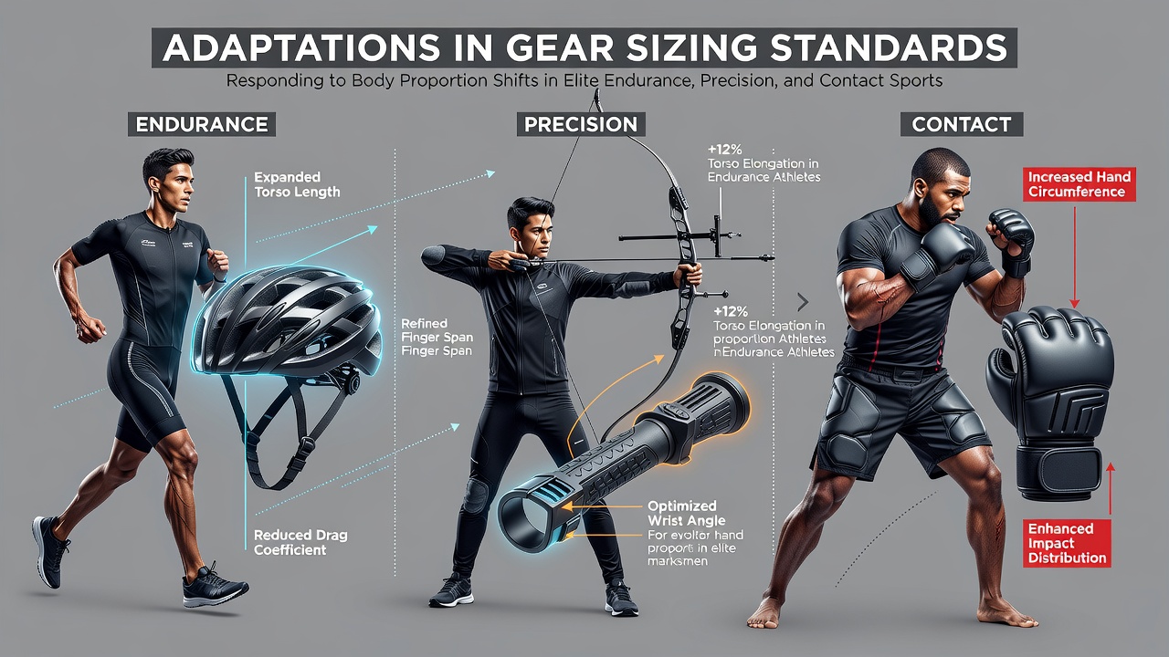 Elite athletes demonstrating varied body proportions in endurance running, precision archery, and contact rugby scenarios with overlaid sizing measurement guides