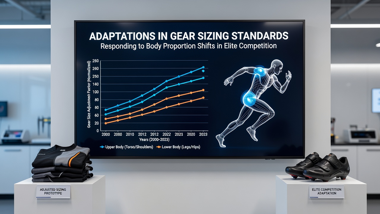 Technical diagrams showing updated sizing grids for helmets, gloves, shoes, and frames matched against recent athlete measurement clusters