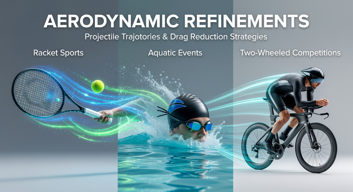 Aerodynamic equipment designs in racket sports showing shuttlecocks and tennis balls with refined surfaces for trajectory control
