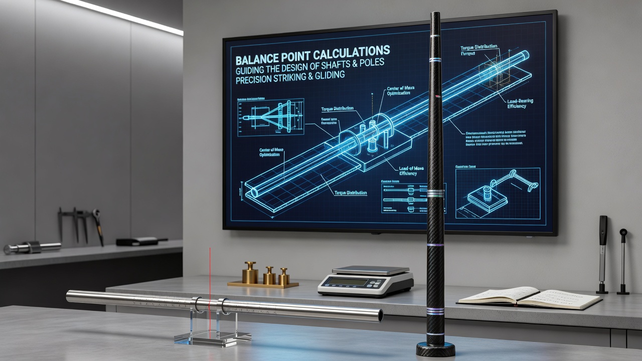 Technical illustration of balance point testing equipment for poles and shafts