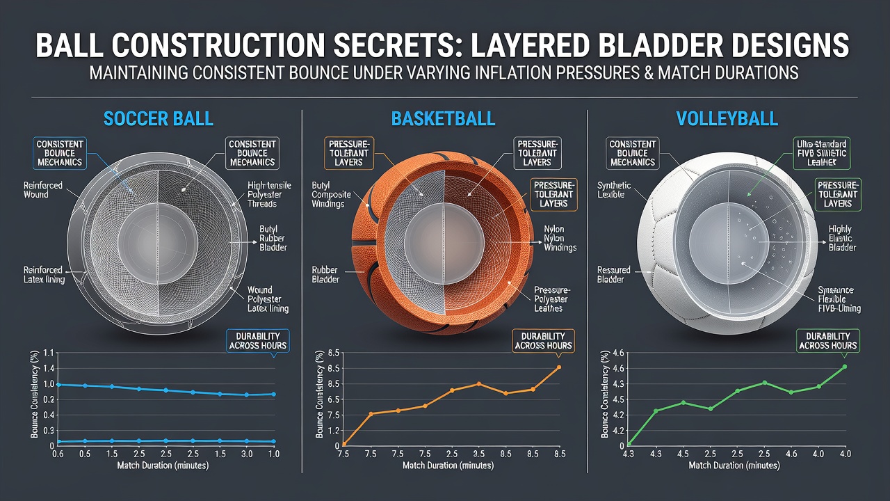 Cross-section diagram showing layered bladder construction in soccer, basketball, and volleyball balls with fabric panels and valve details