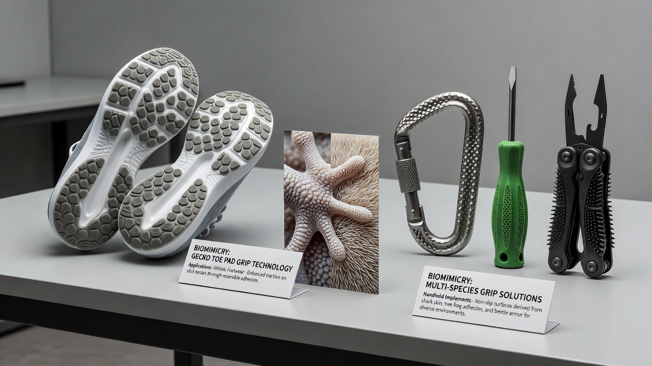 Biomimetic grip patterns on handheld sports implements and aquatic paddles showing micro-texture details
