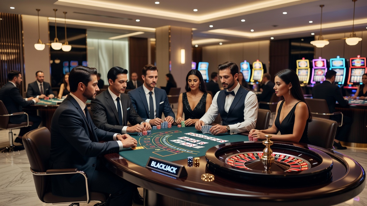 Casino gaming floor with various table games and slot machines in operation