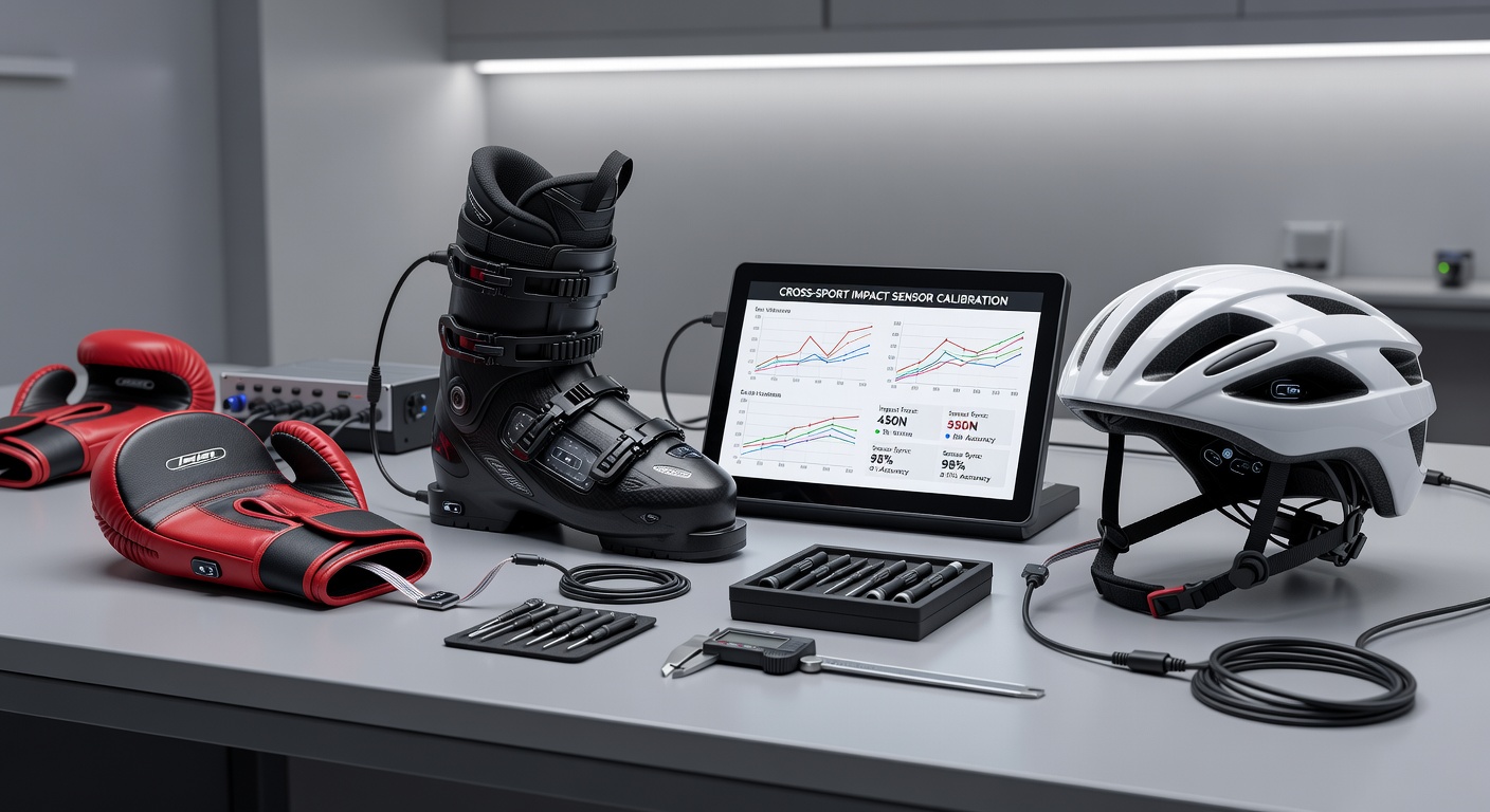 Impact sensor calibration setup for boxing mitts, ski boots, and cycling helmets showing embedded layers and testing rigs