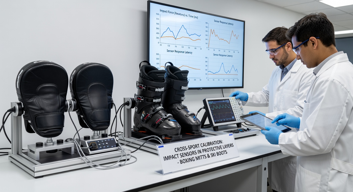 Laboratory cross-calibration of sensors showing ski boot and cycling helmet test setups with data logging equipment