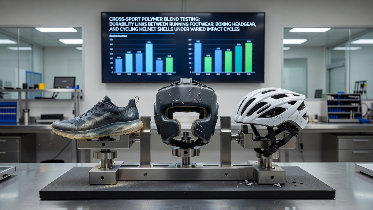 Laboratory setup showing polymer samples from running shoes, boxing headgear, and cycling helmets undergoing impact cycle testing
