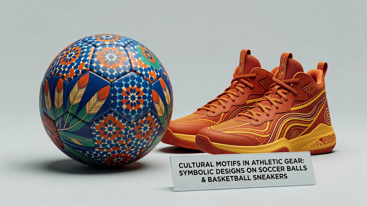 Close-up of basketball sneakers with East Asian calligraphy patterns next to ski poles adorned with Maori koru designs during an international multi-sport training camp