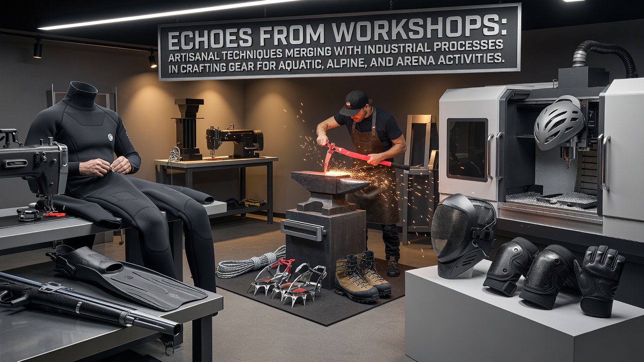 Artisan hand-finishing a ski pole while industrial machines handle initial shaping in a combined workshop setting