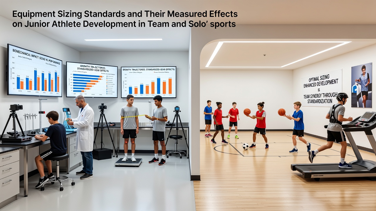 Detailed view of standardized junior sports equipment including scaled balls, rackets, and footwear used in development programs
