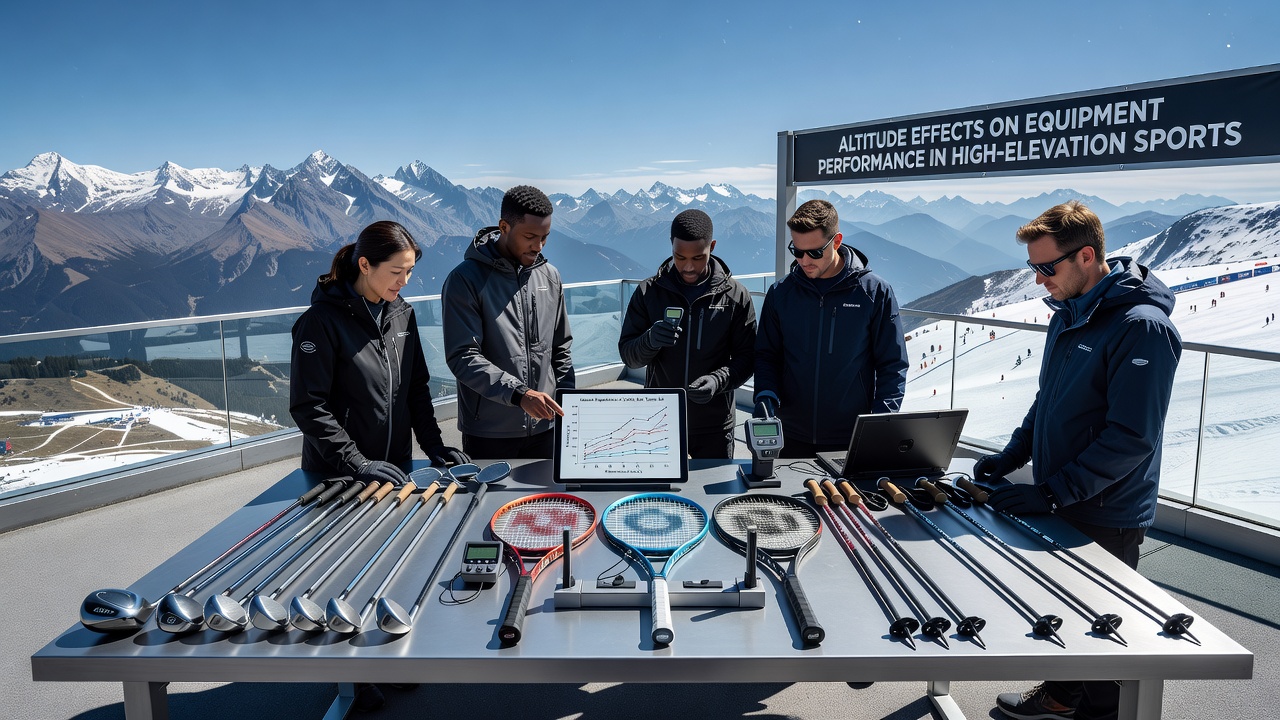 High-elevation testing setup showing golf clubs, tennis rackets, and ski poles under controlled altitude simulation conditions