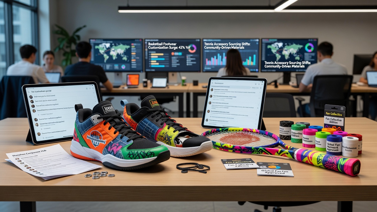Customized basketball footwear components displayed alongside tennis racket accessories in a global supply chain setting