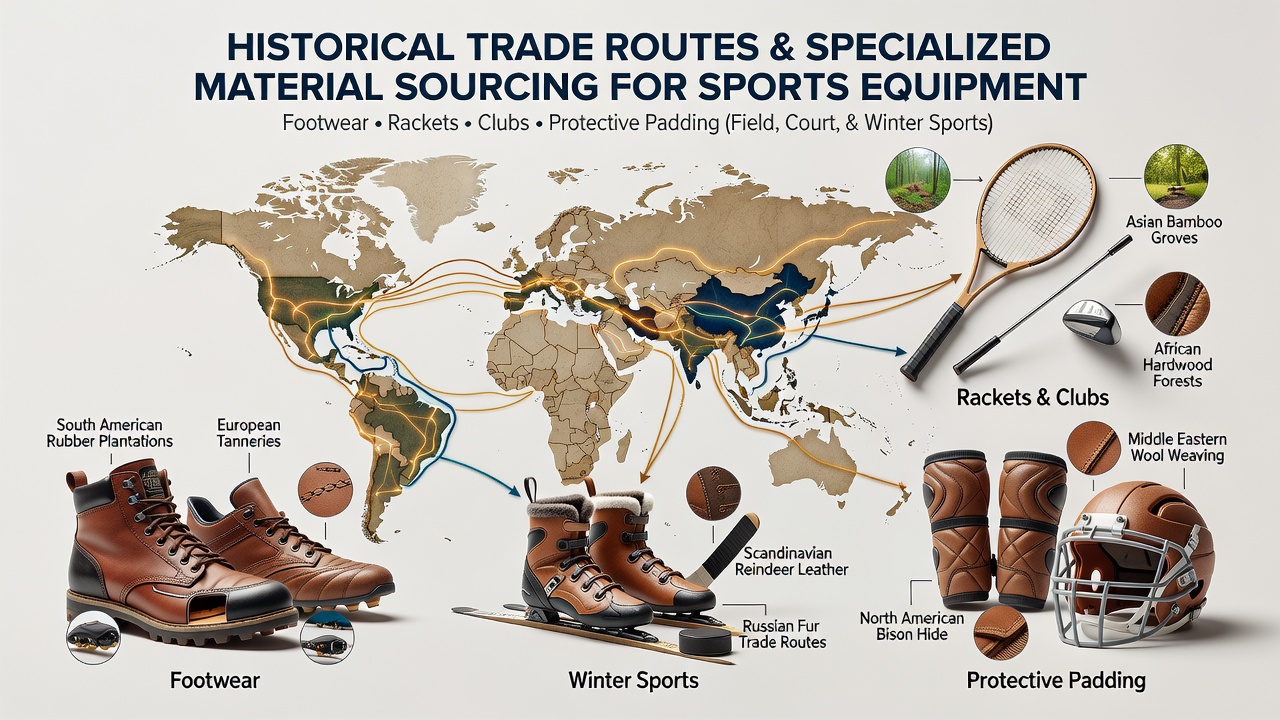 Ancient trade caravans carrying leather, rubber, and textiles along routes that later supplied materials for sports footwear and protective gear