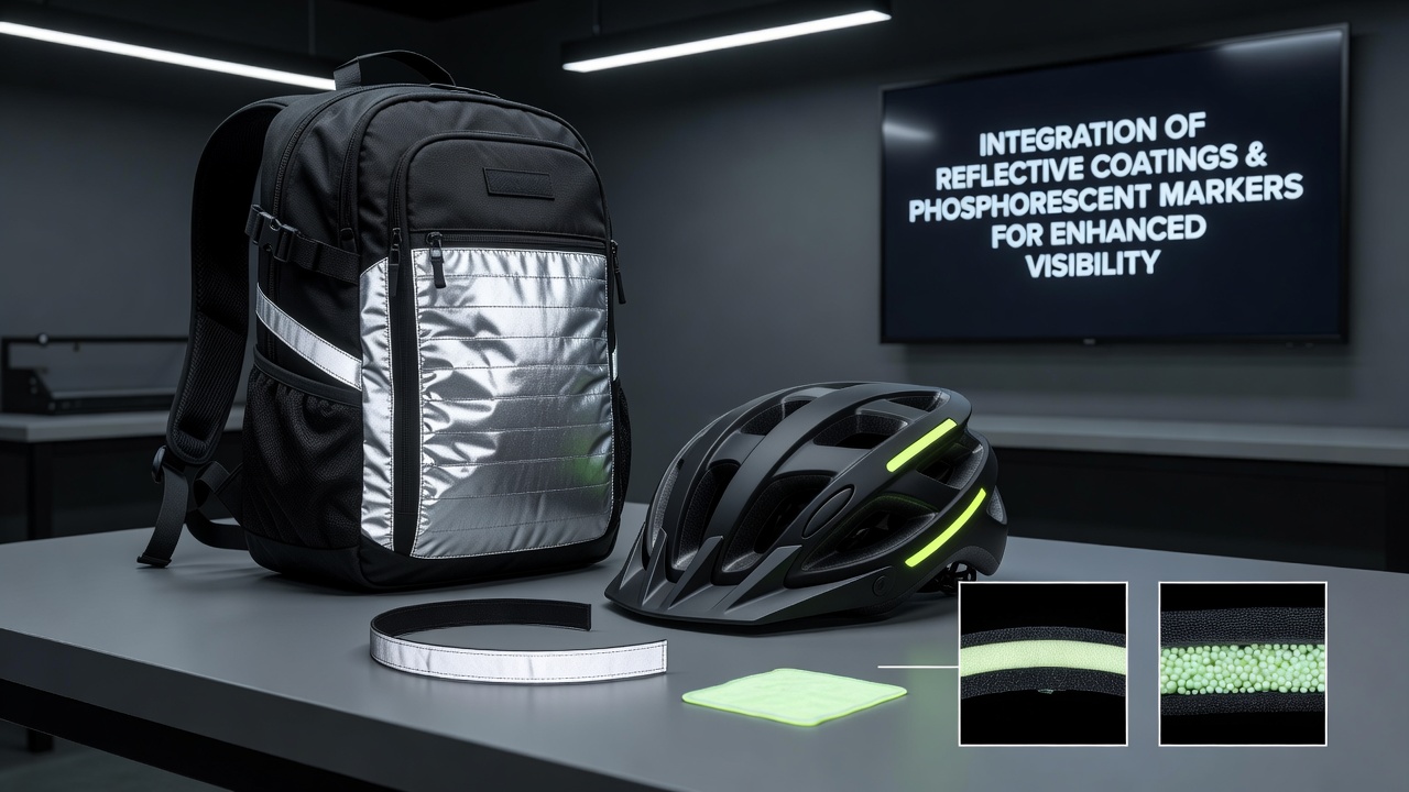 Ski poles and jackets with integrated phosphorescent markers and reflective patches under low-light simulation