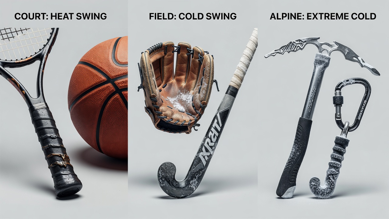 Temperature effects on sports equipment grips and materials