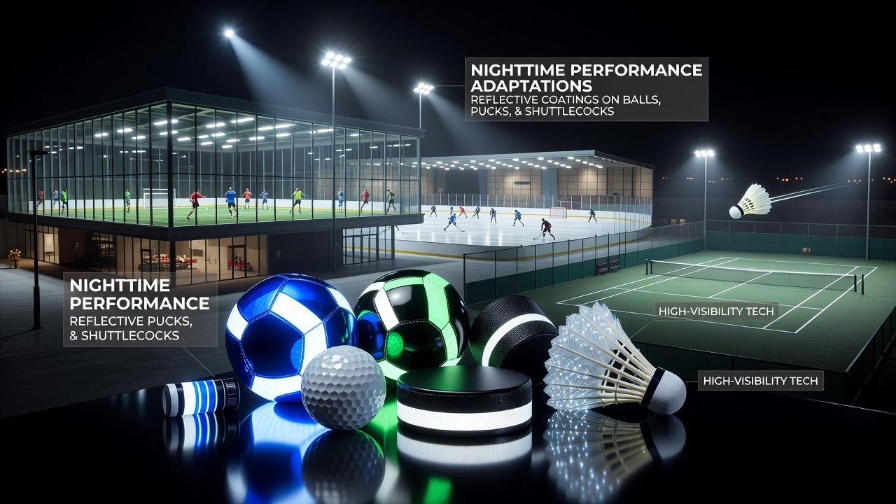 Reflective coatings enhancing visibility of sports balls during nighttime events in illuminated stadiums
