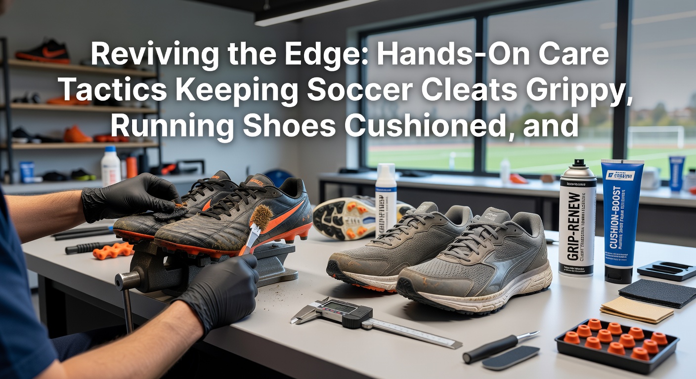 Runner lacing up cushioned shoes on a trail, midsole foam visibly intact and outsole treads sharp after meticulous care routine