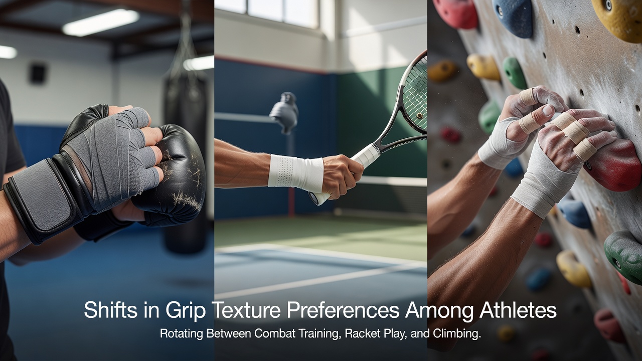 Close-up view of grip texture variations on boxing wraps, tennis racket handles, and ski pole shafts side by side