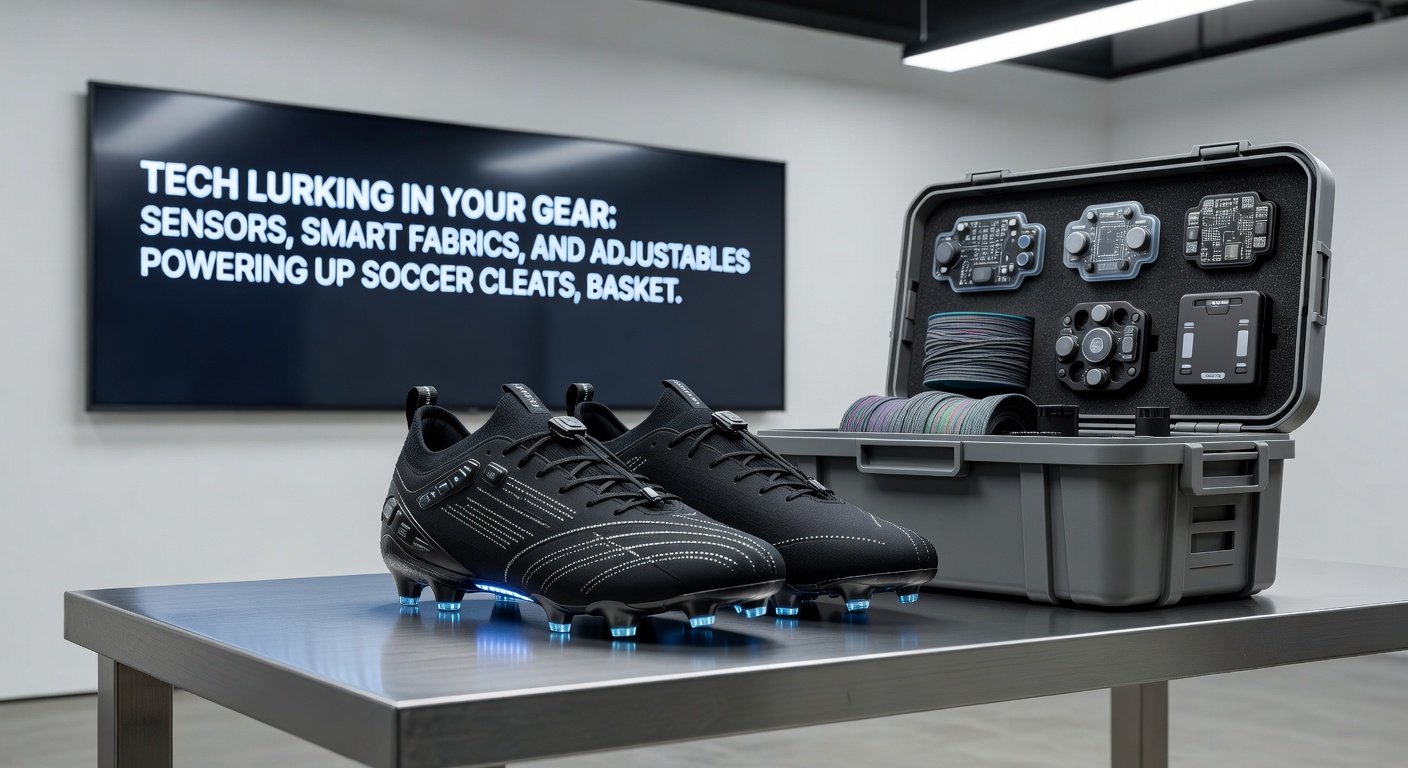 Basketball player mid-jump wearing shoes with illuminated adjustable laces and fabric panels shifting colors, against a hoop with embedded LED indicators