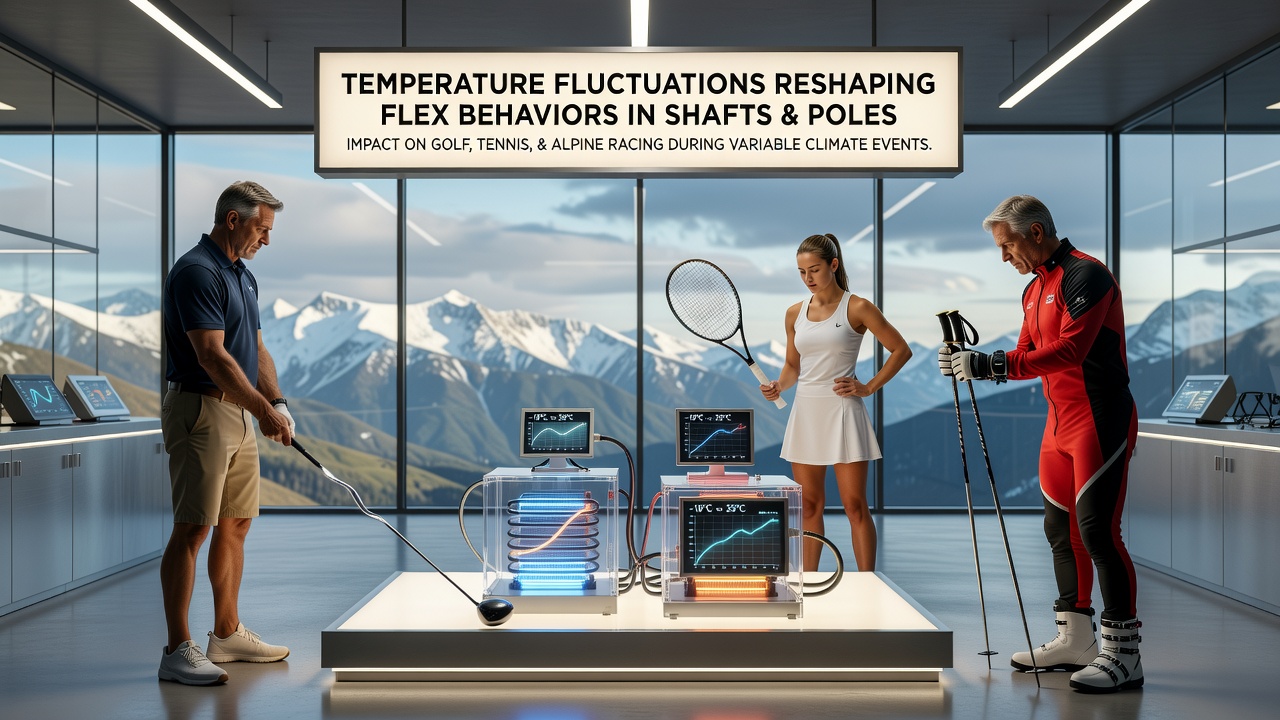 Graphite and composite shafts and poles showing flex variations under different temperature conditions in sports equipment