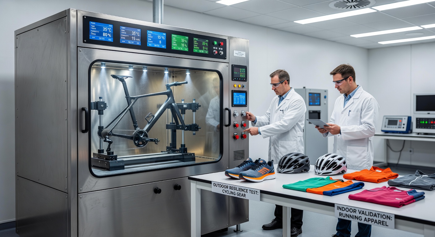 Environmental testing chamber simulating extreme weather conditions for sports equipment validation