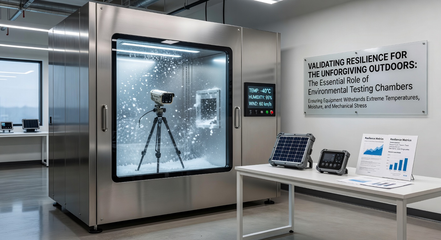 Sports gear undergoing humidity and temperature stress tests inside an environmental chamber