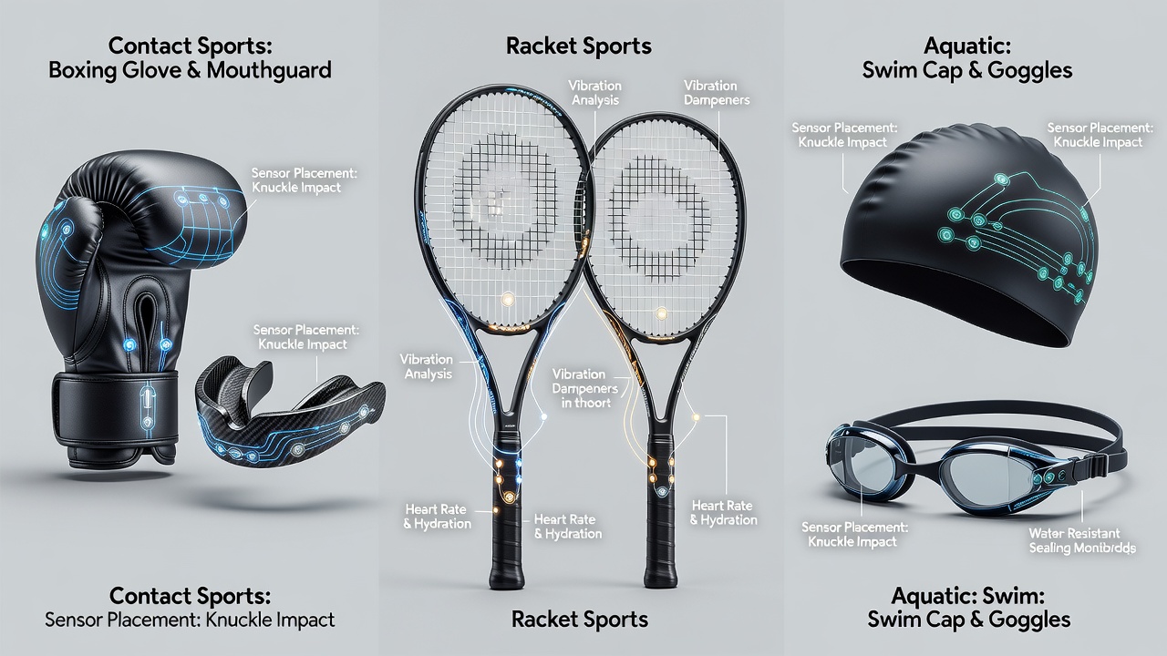 Detailed view of sensor placements in rackets and swim gear