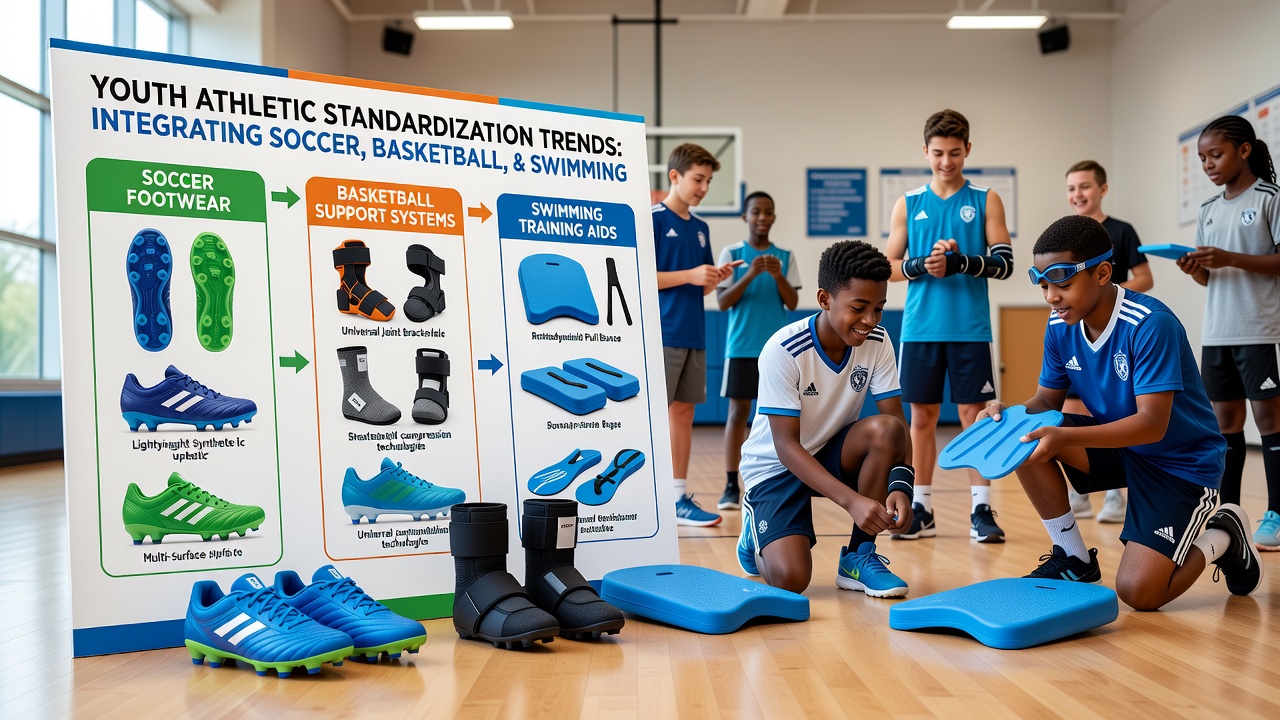 Youth athletes in school programs using standardized soccer cleats wth basketball-inspired ankle support and swimming training aids during integrated physical education sessions