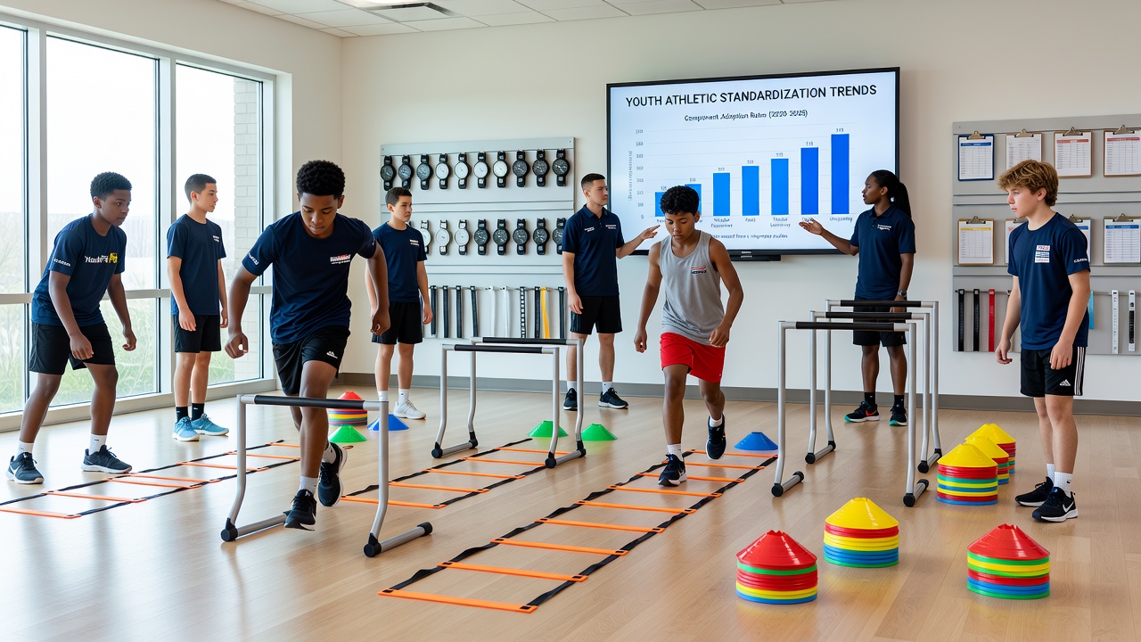 Standardized youth athletic components displayed in a school equipment room, highlighting shared soccer, basketball, and swimming elements