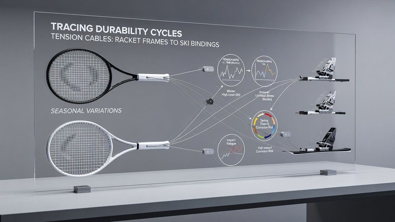 Laboratory setup showing durability cycle testing of tension cables used across racket and ski equipment