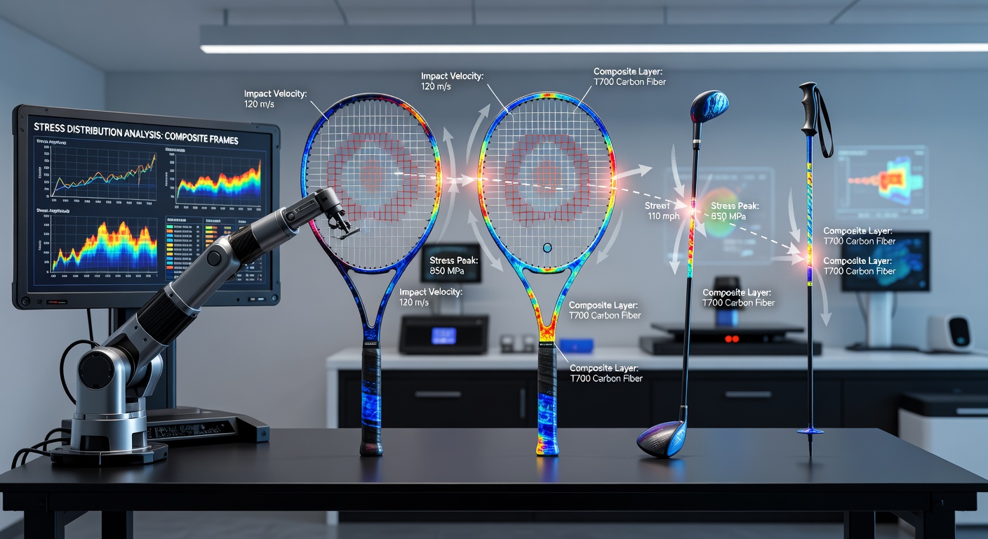 Composite frame stress testing setup for sports equipment under impact conditions