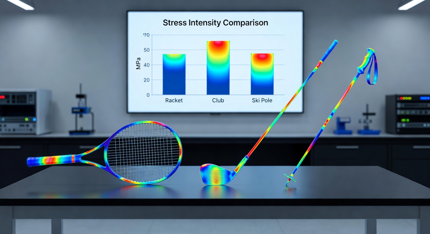 Stress mapping visualization on composite ski pole and golf club shafts after multiple impacts