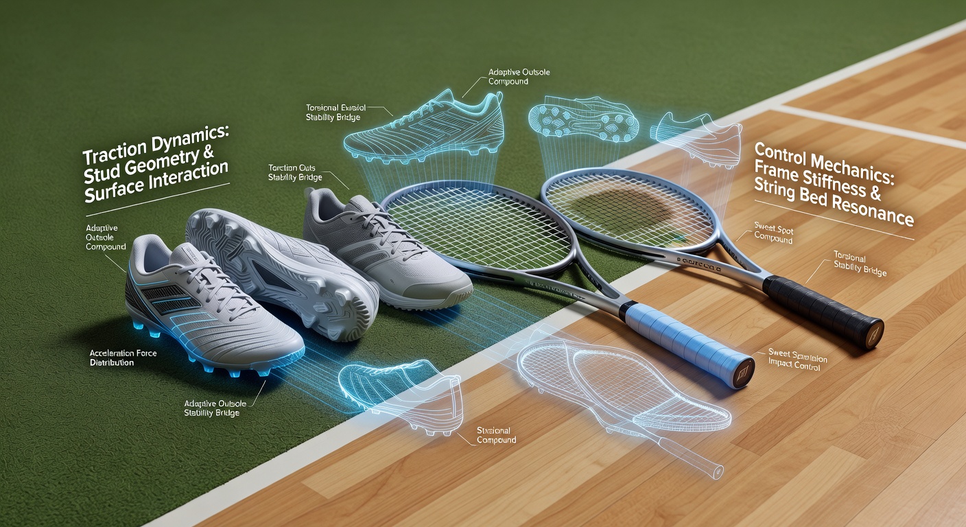 Close-up view of advanced shoe sole patterns and racket grip textures designed for optimal traction and control across various sports surfaces