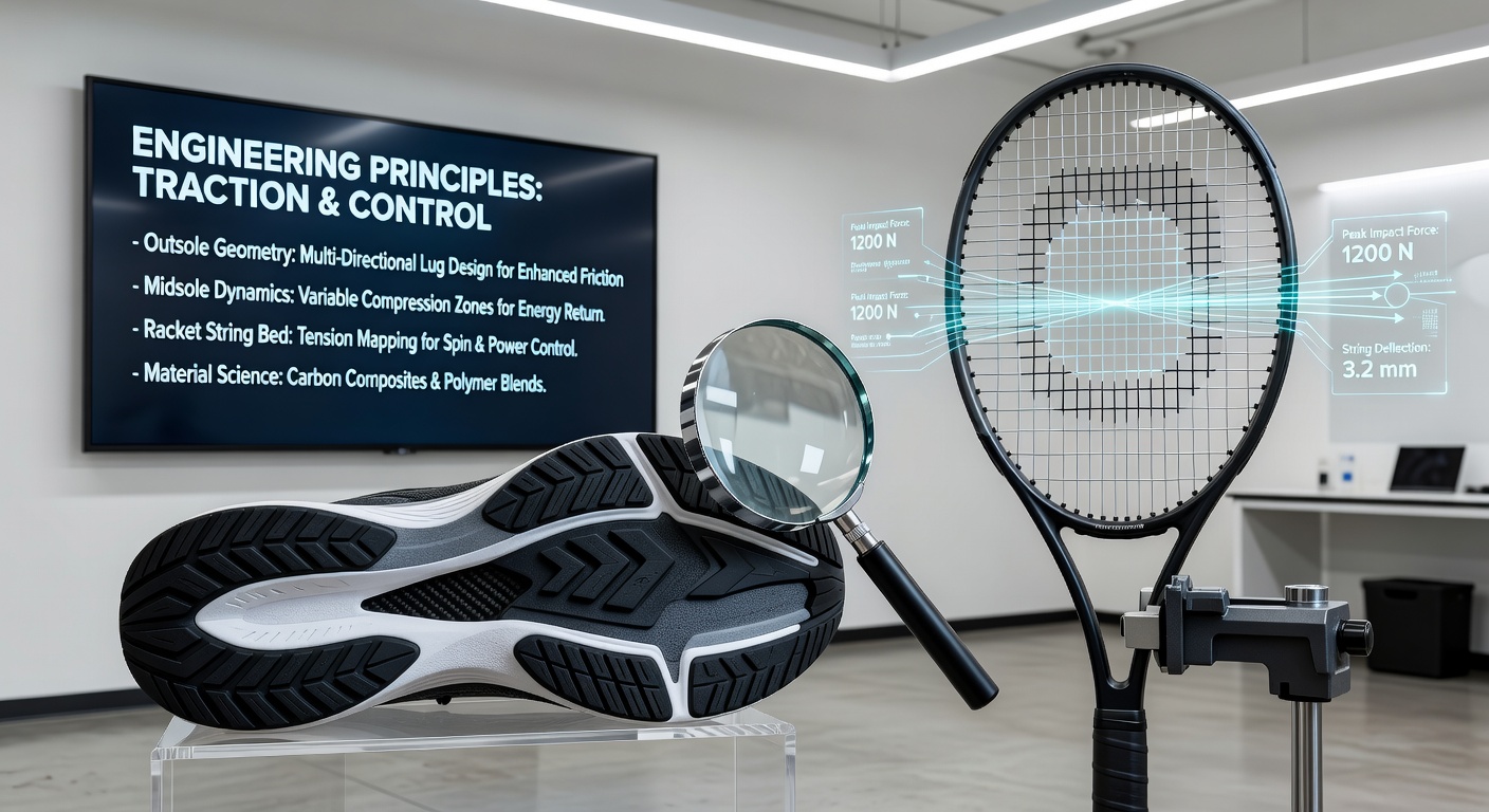 Engineering diagram showing racket string patterns and frame flex zones that enhance control and power transfer in tennis and similar court sports