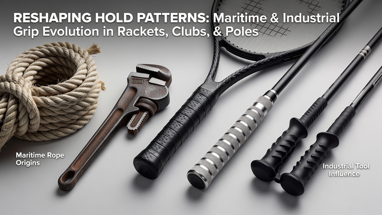 Close-up view of textured grip patterns on racket handles showing rope-inspired helical wraps and industrial knurling borrowed from maritime and factory tools