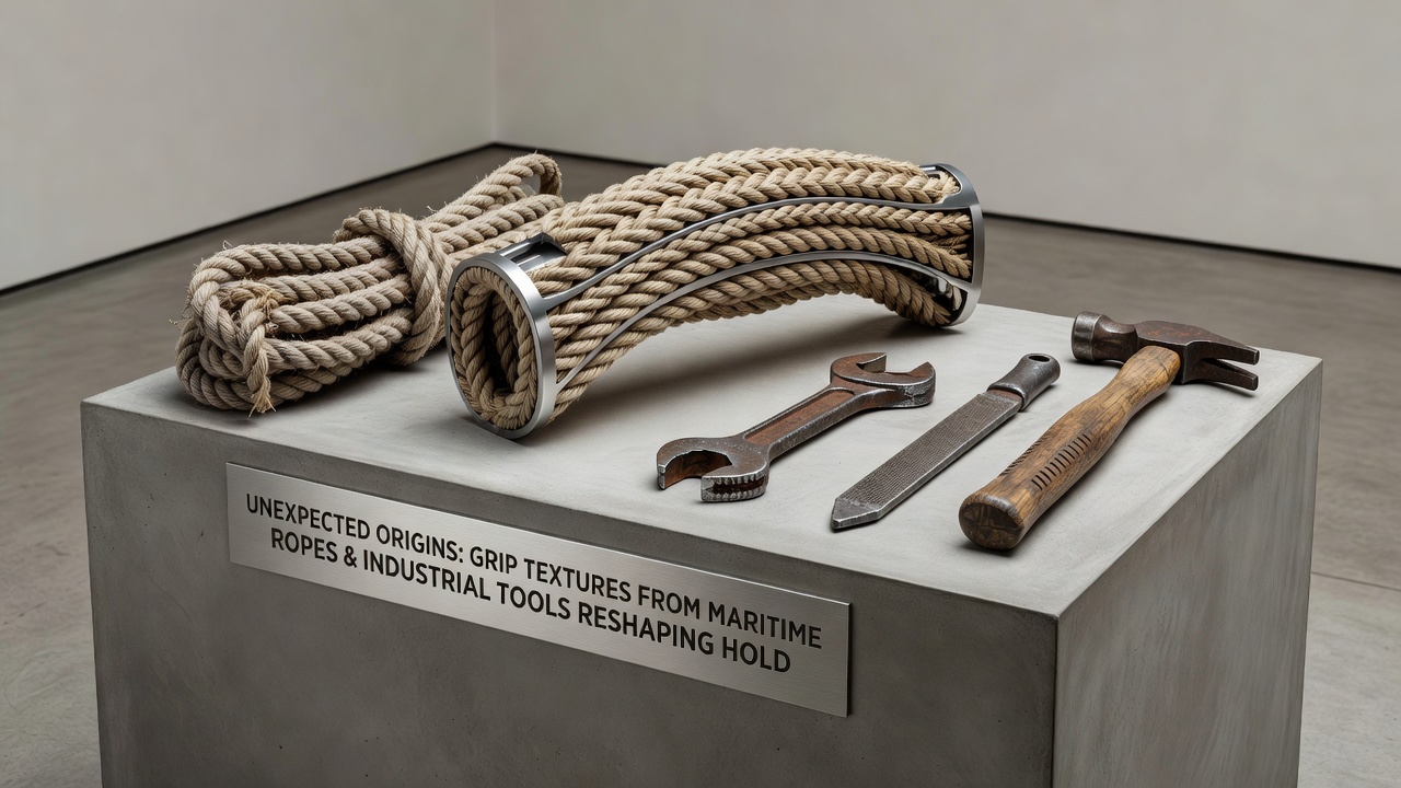 Comparison of maritime rope textures and industrial knurling applied to modern ski pole handles and golf club shafts demonstrating hold pattern changes